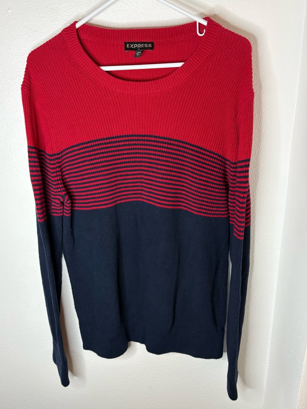 Express Red and Navy Striped Crewneck Sweater - L